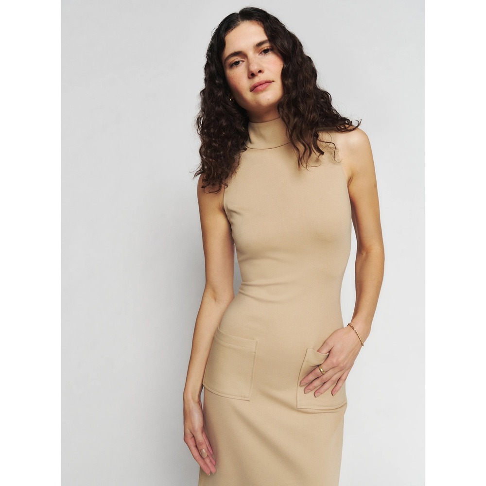 Reformation Mateo Knit Dress Tan Mock Neck Sleeveless Patch Pockets Midi L NEW